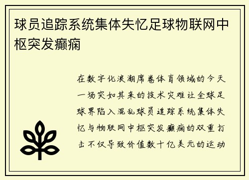 球员追踪系统集体失忆足球物联网中枢突发癫痫